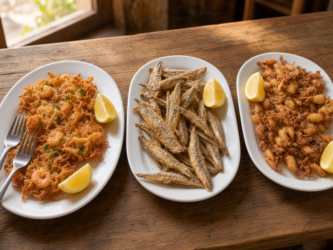 Shrimp fritters and fried fish